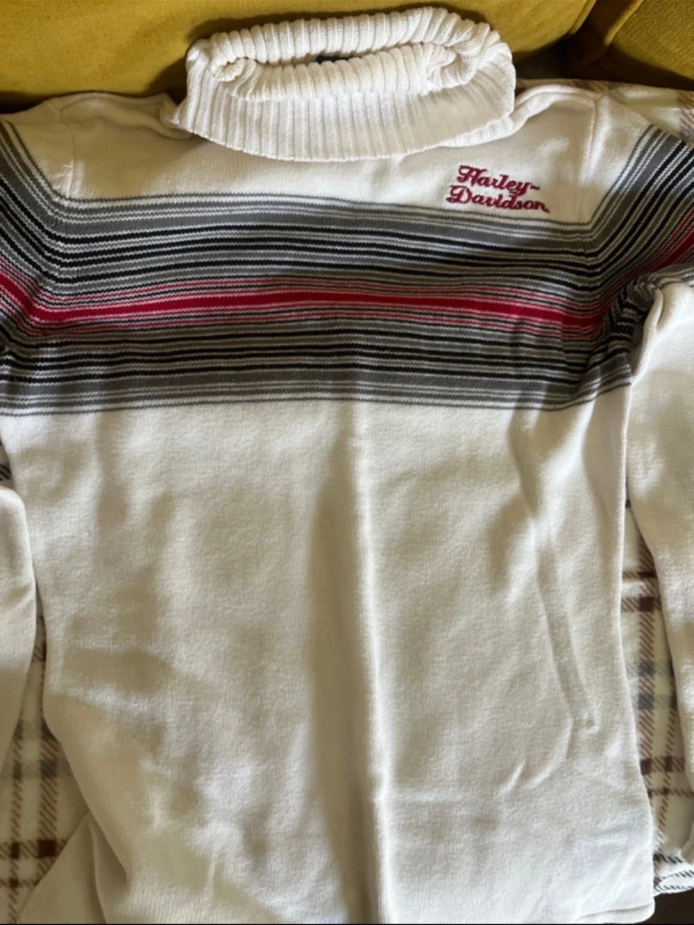 Harley-Davidson White Turtleneck Sweater with Black and Red Stripes